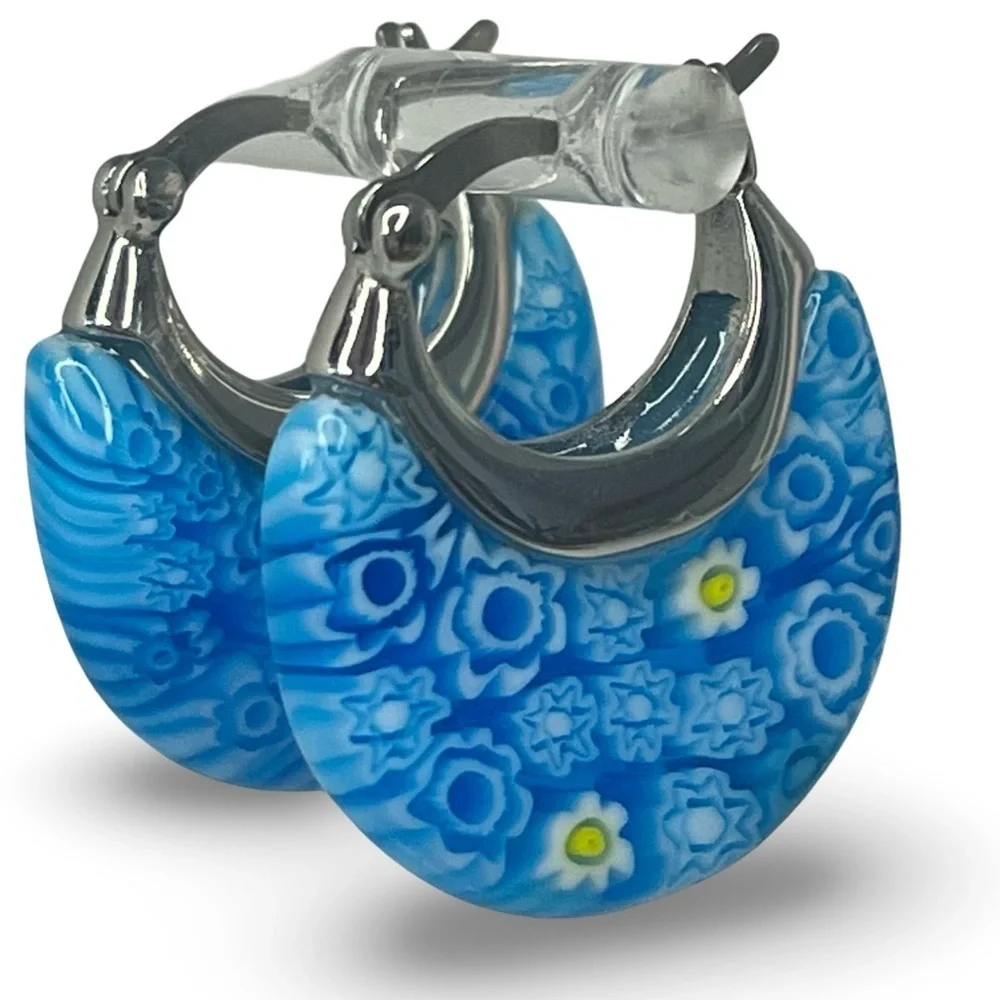 Murano Glass Millefiori Surgical Steel Hoop Earrings Blue Floral Pattern